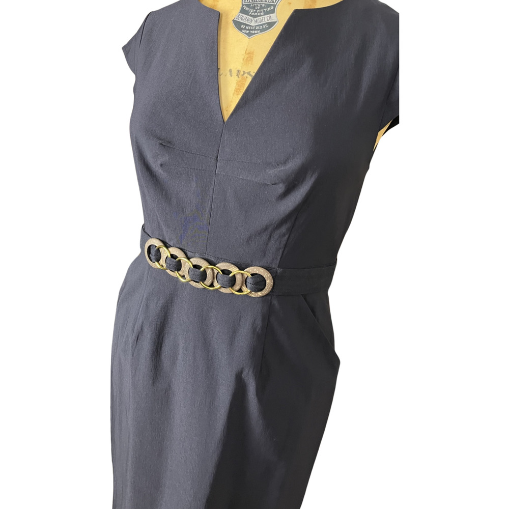 Adrianna Papell Blue Dress V Neck Gold Wood Belt - Picture 3 of 8